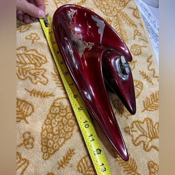 50’s CERAMIC ASHTRAY & LIGHTER Set oxblood MOP inlaid boomerang Japan